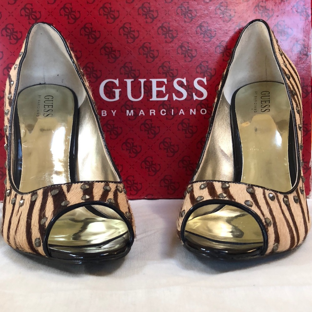 Guess Zebra Pony Hair Studded Peep Toe Stilettos